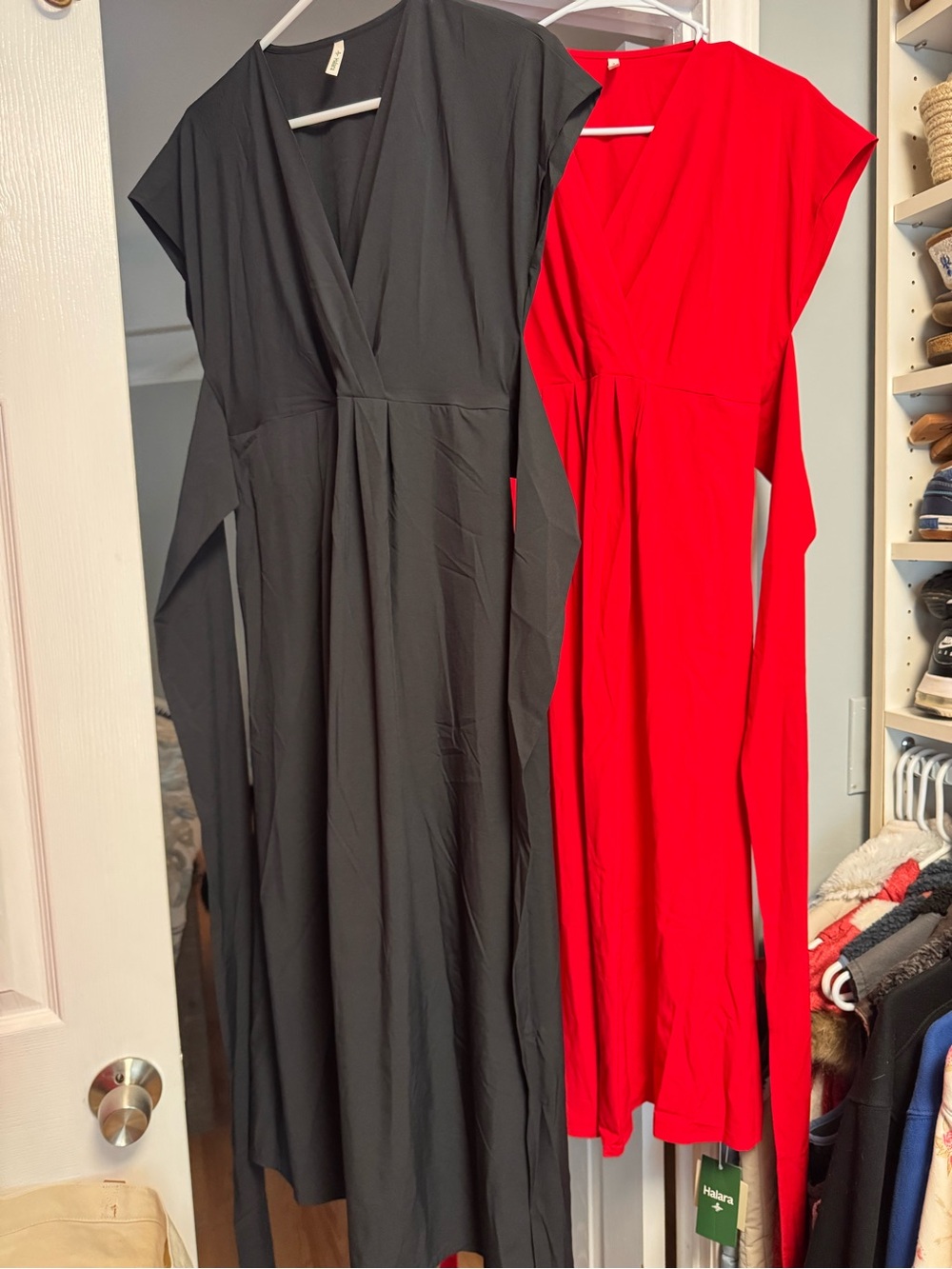 HALARA Black & Red V-Neck Wrap Maxi Dresses